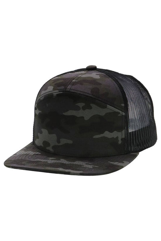 Camouflage Cotton Poly Blend 7 Panel Flat Bill Trucker Hat